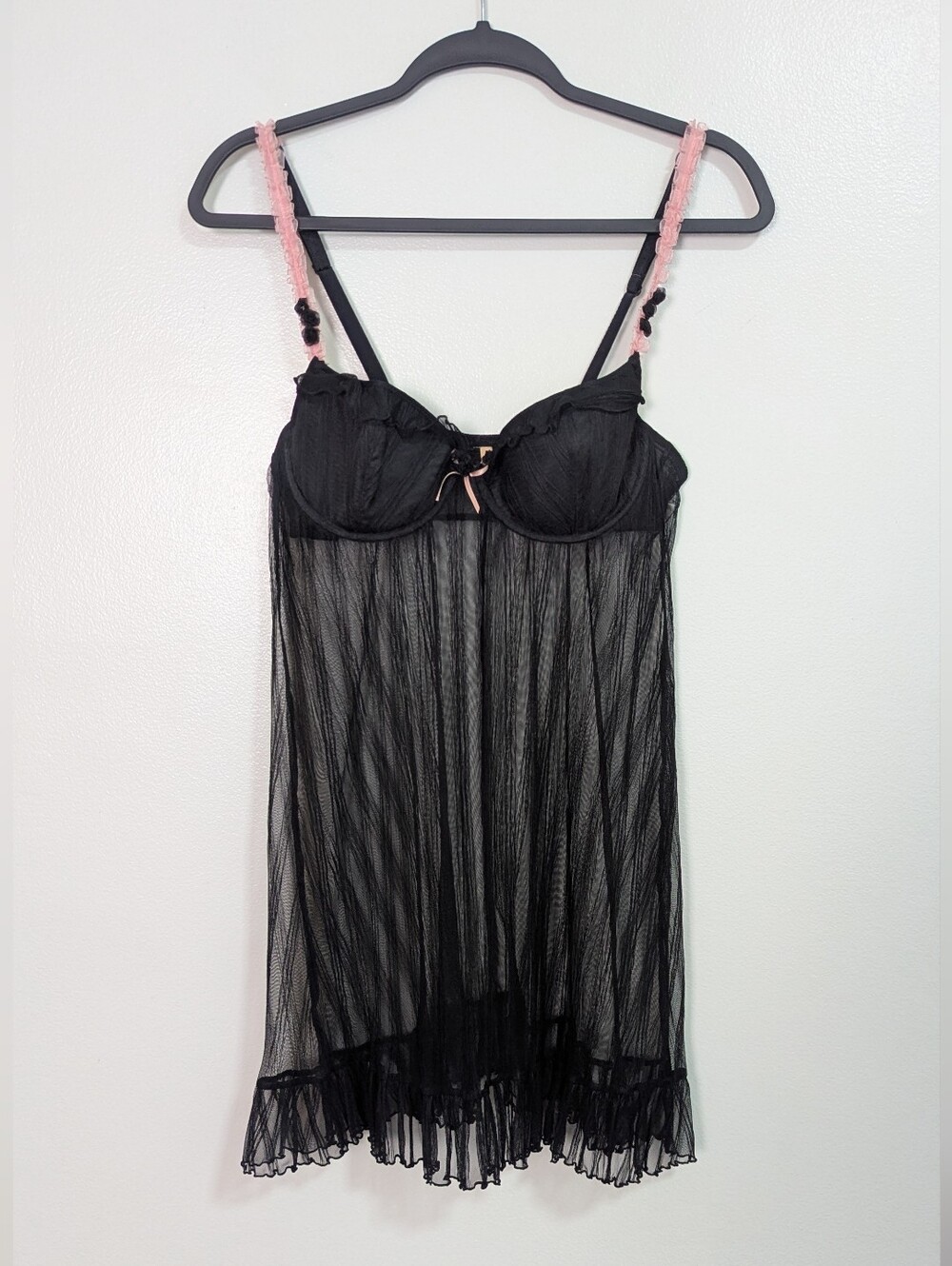 Vintage Y2K Chantal Thomass Black & Pink Sheer Ruffle Babydoll Lingerie